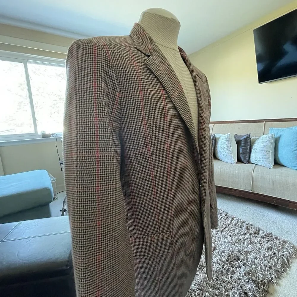 Men's Houndstooth Wool Blend Blazer Gold Buttons Jacket Size Large Preppy Career